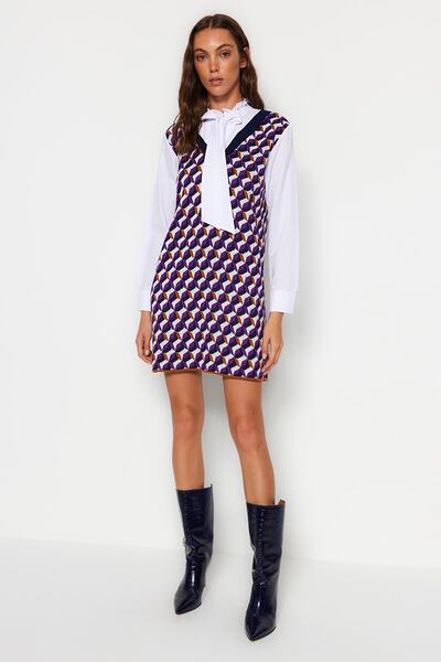 Trendyol Collection Fialové úpletové mini košilové šaty - Garni Detailed, Twoaw22Sv0122