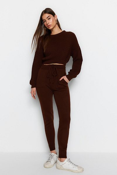 Trendyol Collection Barna Crop Crew Neck kötöttáru felső és alsó készlet TWOAW21AU0047