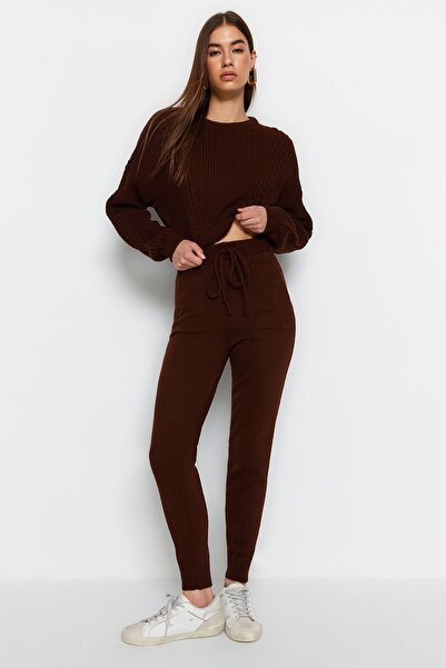 Trendyol Collection Barna Crop Crew Neck kötöttáru felső és alsó készlet TWOAW21AU0047