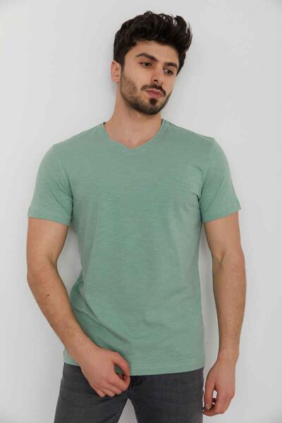 Cazador تي شيرت رجالي 100% قطن برقبة على شكل حرف V وأكمام قصيرة سادة 4601 مسحوق