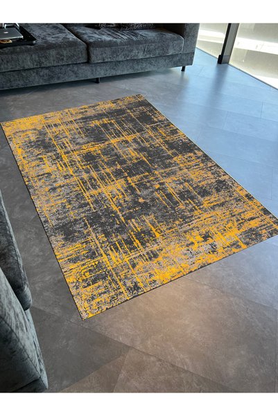 Rugs Modern Halı سجادة ميرا ذات قاعدة منسوجة حديثة مخططة باللون الأصفر والرما...