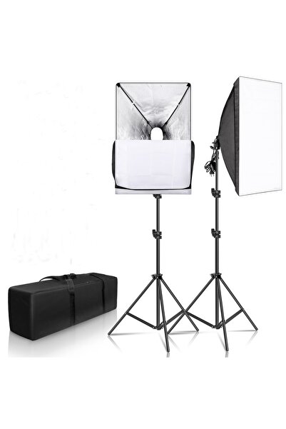 FototekFotograf 50x70cm Softbox Ikili Sürekli Işık Seti 50x70 Softbox Çiftli Strobist Set Taşıma Çantalı