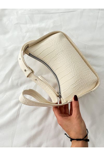 Viel store Geantă baghetă bej cu model de crocodil de damă