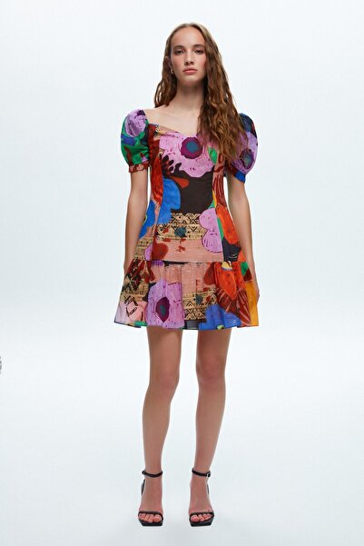 adL Kalp Yaka Balon Kol Desenli Mini Elbise