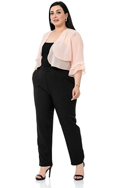 DISENTIS MODEST Plus Size Front Double Layer Sleeve And Back Ruffle Chiffon Powder Bolero