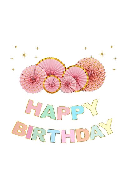Big Party Rose Gold Varak Baskılı Yelpaze - Happy Birthday Varaklı Banner Set