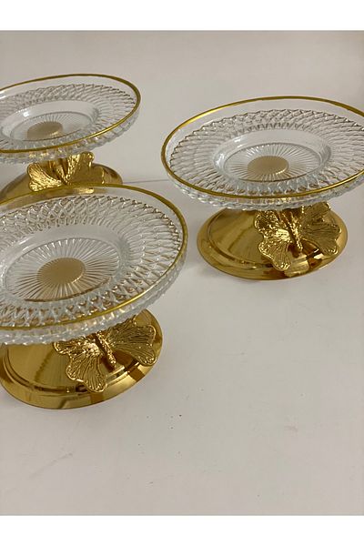 Elzem 3-Piece Lujo Ilramlik - Glass Presentation Holder, Gold Leg Luxury with Gilded Edge