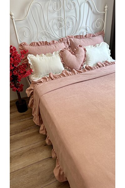 Decamor home Fırfırlı Pudra Pembe Yatak Örtüsü Seti Çift Kişilik