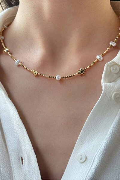 Northwatch Gold Rengi Kalp Ve Yıldız Detaylı Inci Kolye