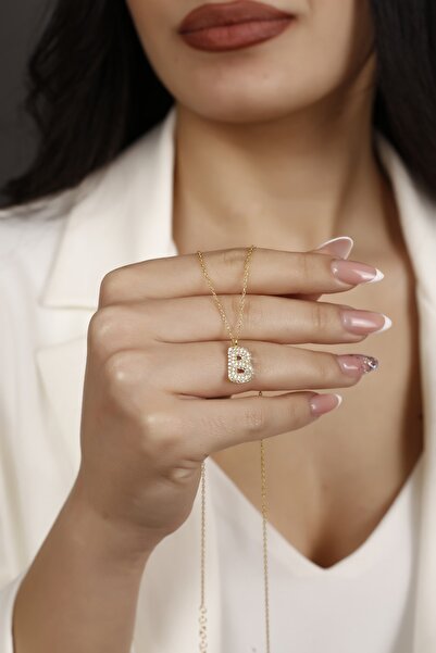 ALFA GÜMÜŞ TAKI Altın Kaplama Zirkon Taşlı B Harfi 925 Ayar Gümüş