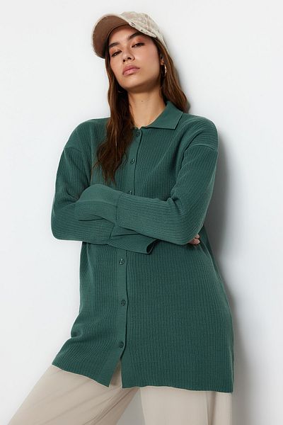 Trendyol Modest Dark Green Ribbed Knitwear Cardigan TCTAW24TH00025