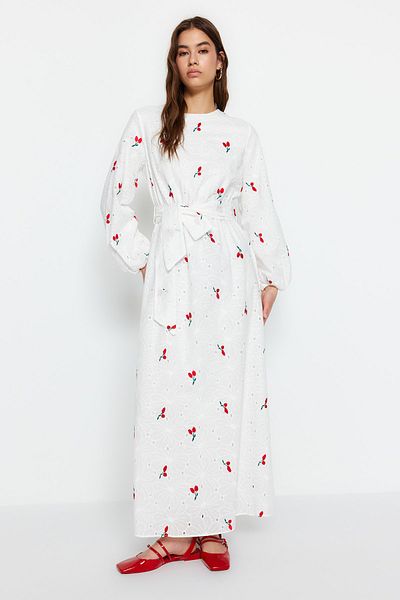 Trendyol Modest Ekrü öves hímzésű részletes bélésű 100% pamut hímző ruha TCTSS23EB00136