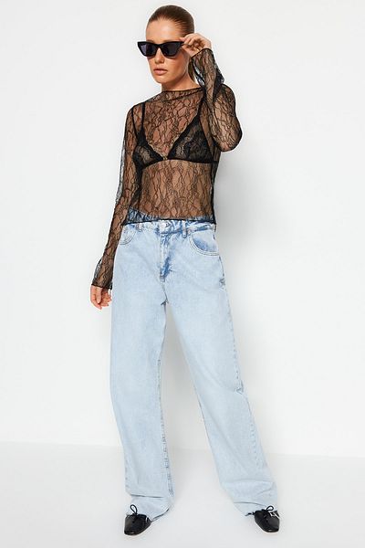 Trendyol Collection Fekete Regular Fit csónak nyakú csipke rugalmas kötött blúz TWOSS23BZ00795