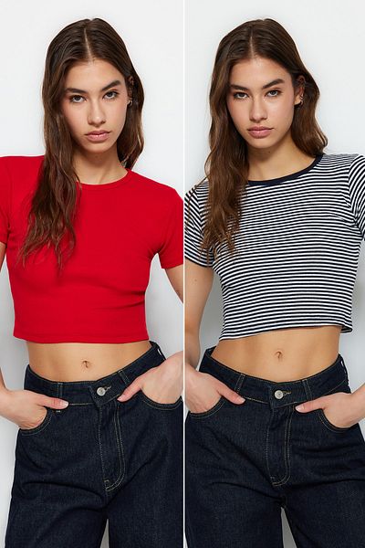 Trendyol Collection Μπλε ναυτικό ριγέ-κόκκινο μονόχρωμο 2 πακέτα πλεκτή μπλούζα με ραβδώσεις TWOSS23BZ00388