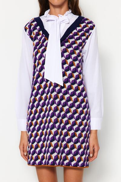 Trendyol Collection Fialové úpletové mini košilové šaty - Garni Detailed, Twoaw22Sv0122