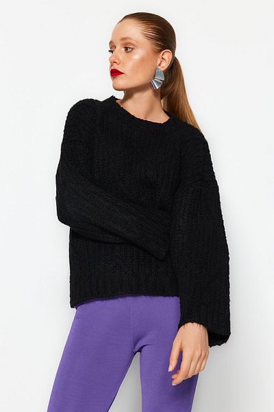 Trendyol Collection Black Wide Fit Soft Textured Knitwear Sweater TWOAW23KZ01373