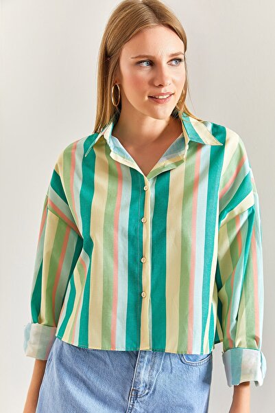 Bianco Lucci Women's Multi-Colored Folded Sleeve Poplin Shirt 40871003