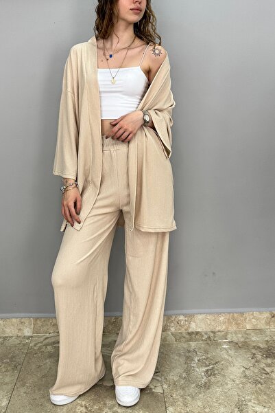 Tam Moda Γυναικείο Παντελόνι Palazzo - Κρέμα Σετ Κιμονό -