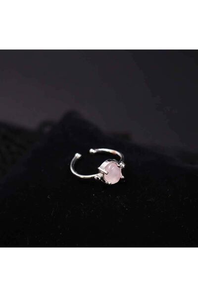 MYTAKIAĞACIMFH Gümüş Rodyumlu Pembe Kuvars Taşı Yüzük Oval Kesim