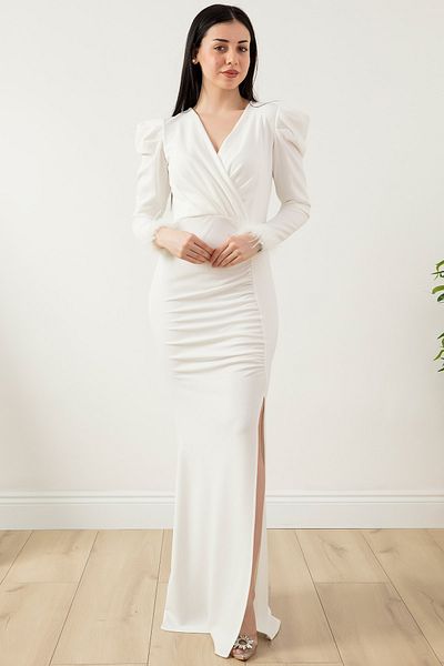 PULLIMM Long Dress with Feather Sleeve and Slit 13429