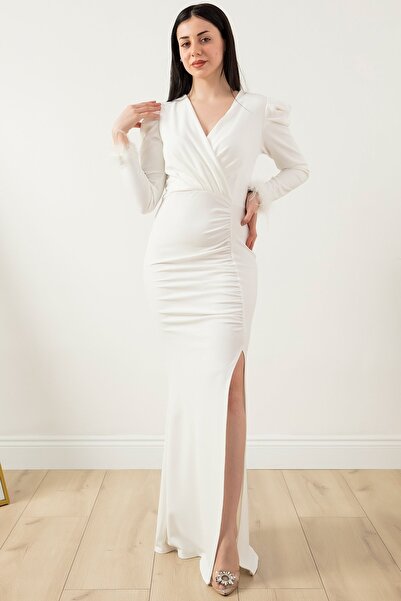 PULLIMM Long Dress with Feather Sleeve and Slit 13429