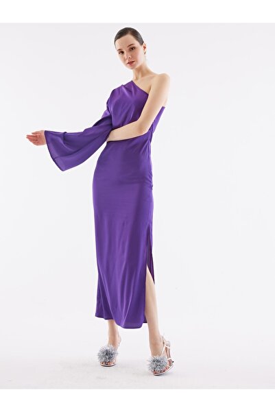 Juste Studio Атласна фіолетова довга сукня з розрізом на одне плече