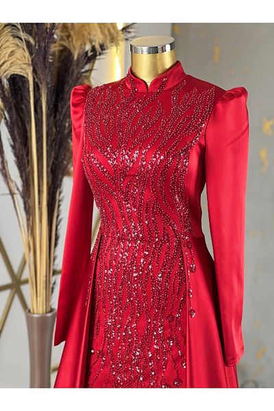 PİENNAR Red Drop Hijab Evening Dress - With Tail