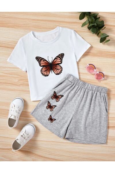 LOUİSA Set de tricou pantaloni scurți cu imprimeu fluture alb-gri pentru copii