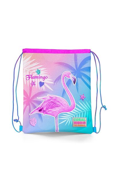 Coral High Kids Lavender Pink Flamingo Patterned Drawstring Drawstring Backpack 22461