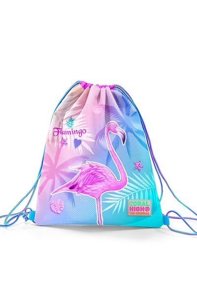 Coral High Kids Lavender Pink Flamingo Patterned Drawstring Drawstring Backpack 22461