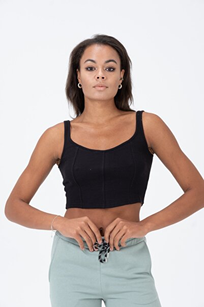 PUNKY CAT Women's Black Thick Strap Crop Blouse