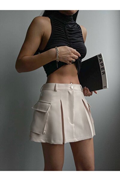 MET AND MARCH Kargo Cep Detaylı Mini Etek Bej