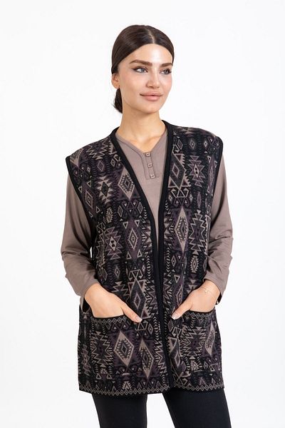 Mutlu City Women's Middle-Aged and Above Knitwear Knitted Tight Woven Rug Patterned Buttonless Pocket Comfortable Fit Mother Vest 4