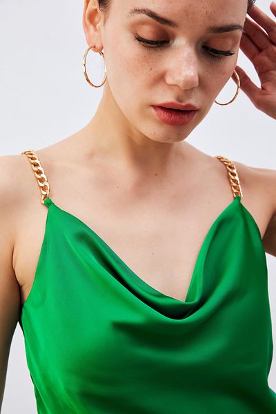 Sateen Chain Strap Satin Blouse - Green