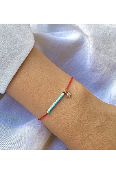 Atelier Çağla Yıldızlı Mavi Boncuk Kırmızı Ip Şans Bilekliği
