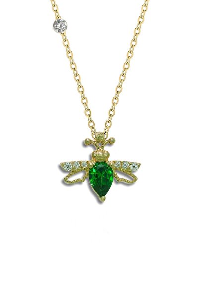 Demas Gold Pırlantalı 14 Ayar Arı Zümrüt Rengi Kolye