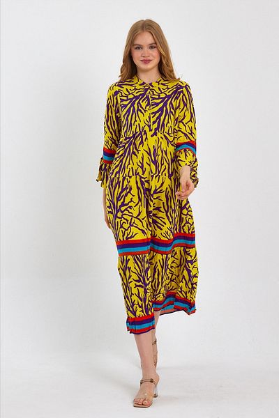 AYASOFYA OTANTIK Women's Yellow Patterned Button Detailed Spanish Sleeve Ethnic Authentic Dress
