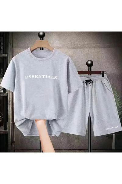 Machetta Gray Essentials Printed Oversize Crew Neck Shorts T-Shirt Bottom Top Summer Set