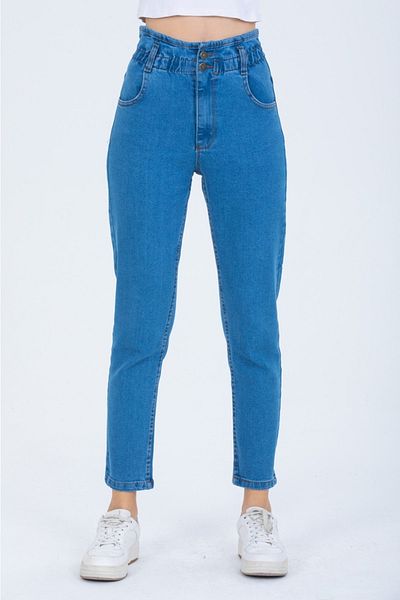 SHEVEGA Blugi Mom Jean cu talie înaltă, cu talie înaltă, cu nasturi elastice din lycra