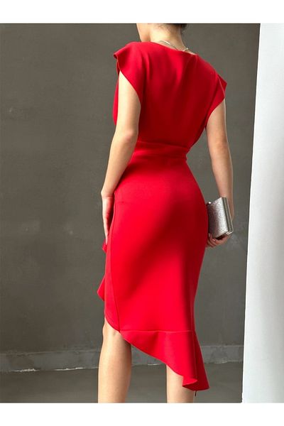 Secret Passion Lingerie Red Flounce Sleeveless and Slit Double Breasted Midi Length Evening Dress and Graduation Dress Engagement Dress 095