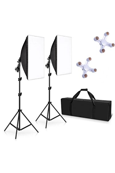 FototekFotograf 50x70cm Softbox 4 Duylu Ikili Sürekli Işık Seti Foto Video Ürün Çekim Makyaj 50x70 Softbox Çantalı