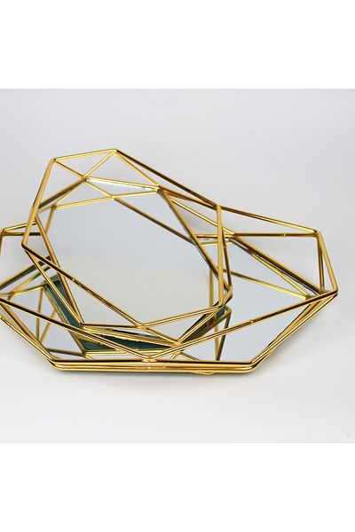 Helvacıoğlu Set of 2 Engagement Trays, Decorative Mirrored Prism Stylish Promise Presentation Tray