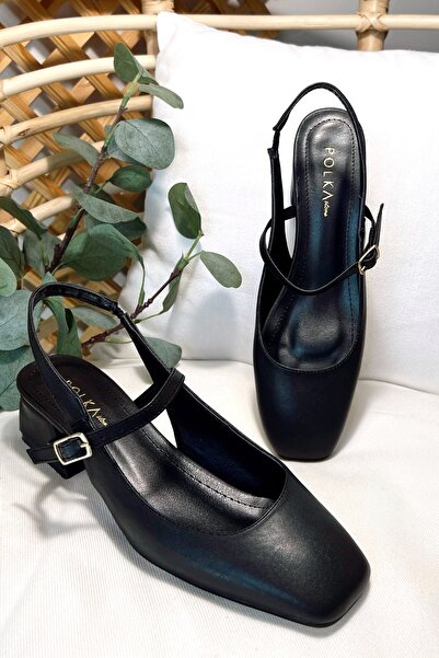 POLKA STORE Women's Audrey Black Matte Leather Open Back Square Toe Helmet Short Block Heeled Shoes