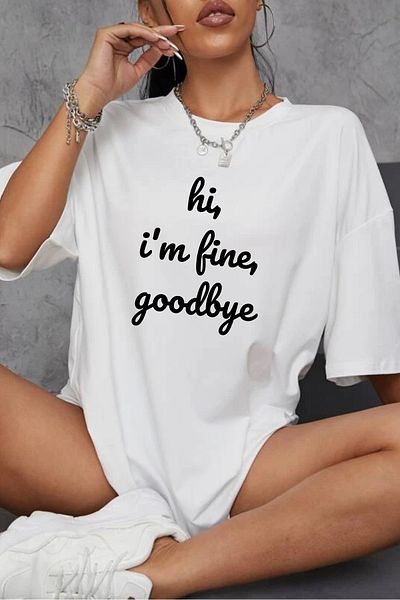 AMMA Unisex Oversize Γεια μου& # Μπλουζάκι 39'm Fine, Goodbye Printed Crew Neck με κοντό μανίκι