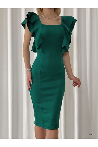 Varyete Flounce Square Neck Midi Length Scuba Fabric Evening Dress