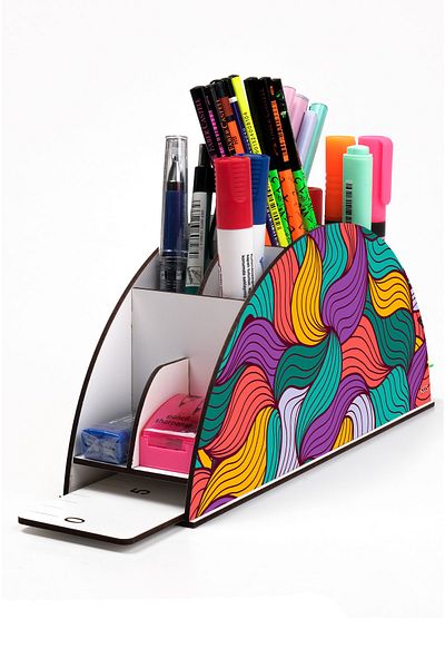 kutuTR Wooden Vip Colorful Models Desktop Pen Holder Organizer with Rainbow Ruler Assembled Box