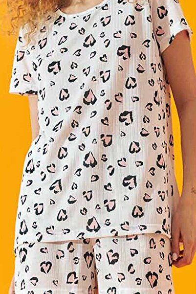 Siyah İnci Pink Heart Pattern Soft Touch Thin Knitted Shorts Set