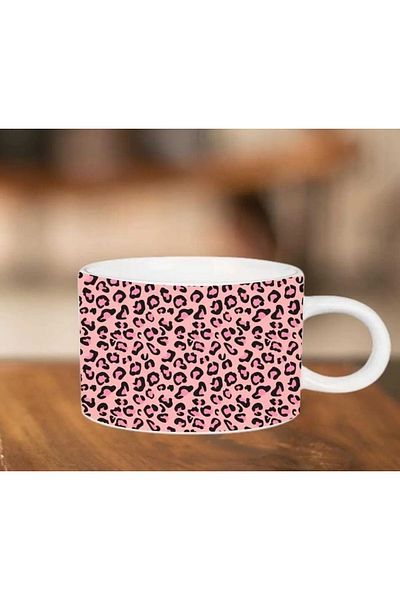 Öz Kupa Pink Leopard Patterned Coffee Cup Double Turkish Coffee Cup 150 Ml Porcelain Motto Cup