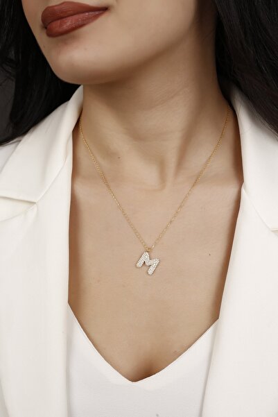 ALFA GÜMÜŞ TAKI Altın Kaplama Zirkon Taşlı M Harfi 925 Ayar Gümüş