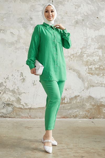 InStyle Movra Gingham Detailed Shirt Set - Green